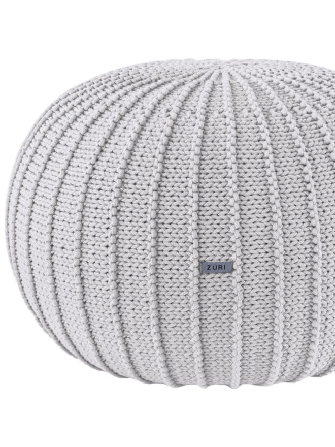 Zuri House. Large light grey knitted pouffe.