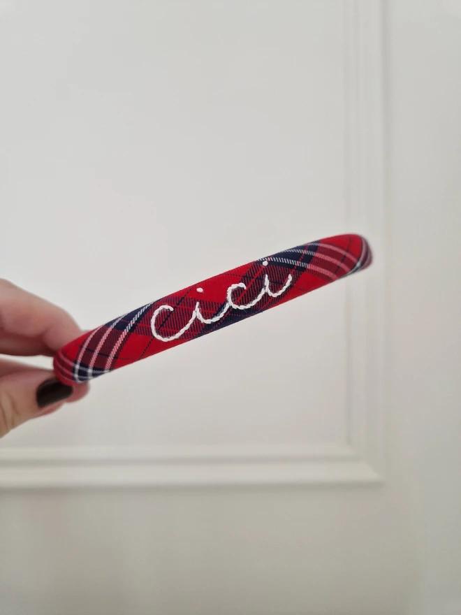 hand embroidered red blue tartan name headband