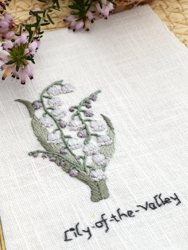 Floral Botanical embroidery kit of Lily-of-the-Valley or Convallaria Majalis a symbol for May.  Meaning Belonging to May, Sweetness, Trustworthy, Romance and Serenity.
