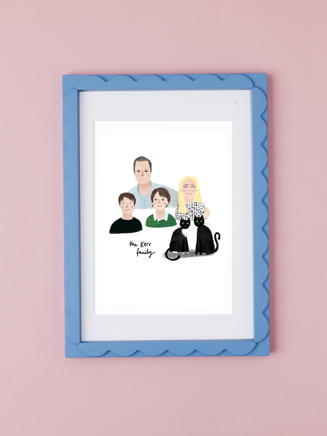 custom illustrated family portrait. portrait of parents, sons and two black cats.
