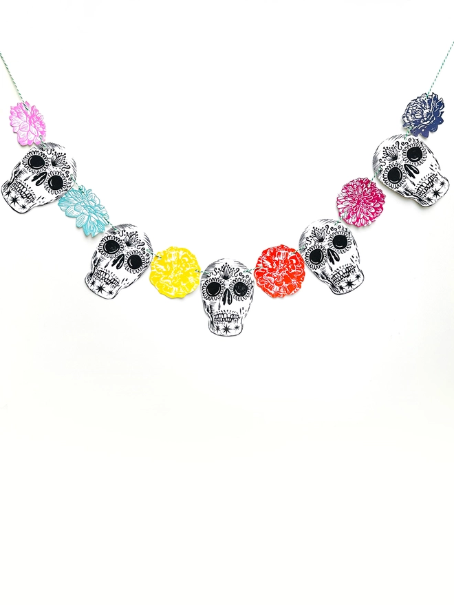 Skull 'Day Of The Dead' Hand Printed Linocut Garland 