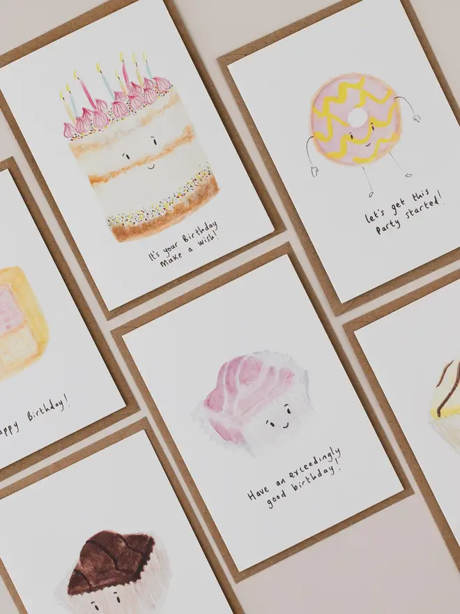 hand painted cake themed birthday cards