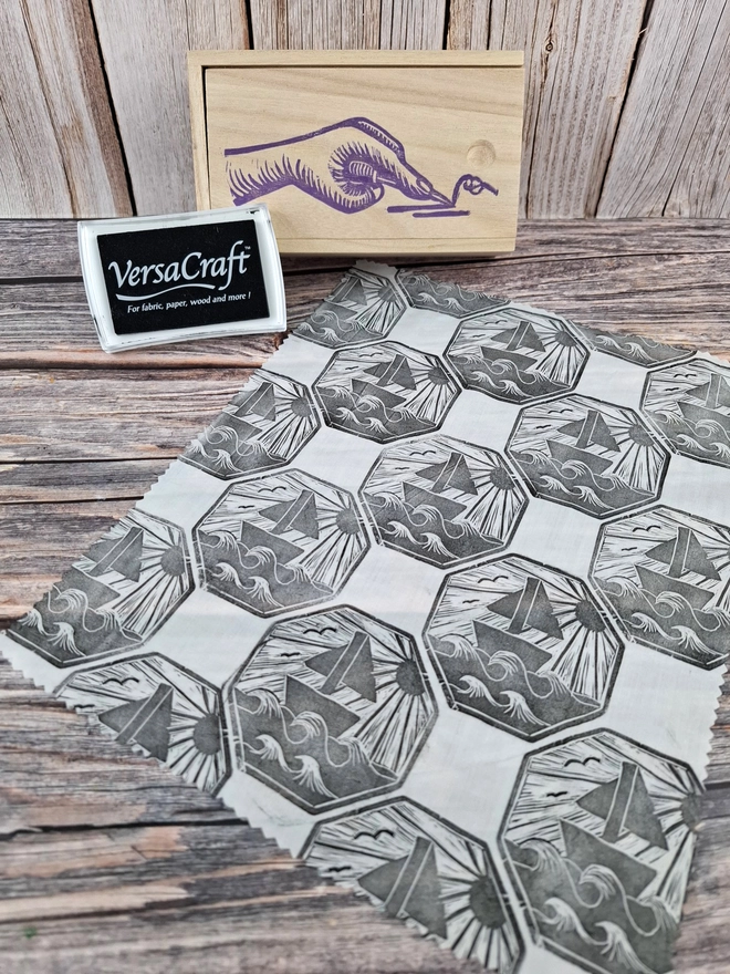 Lino carving and printing on fabric kit using versacraft ink stamp pads