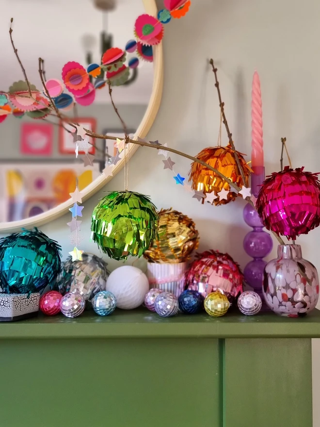 Metallic pinata style fringed colourful christmas baubles