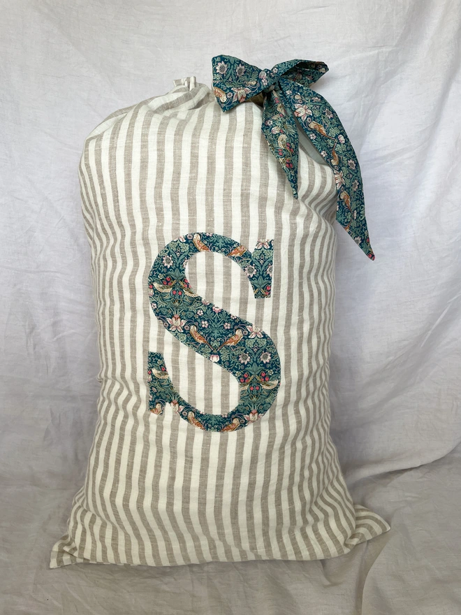 Natural Linen Stripe Christmas Gift Sack with Liberty Print