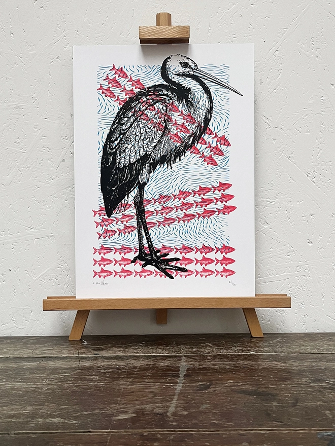 Stork By The River - Screen Printed Poster - on an easel