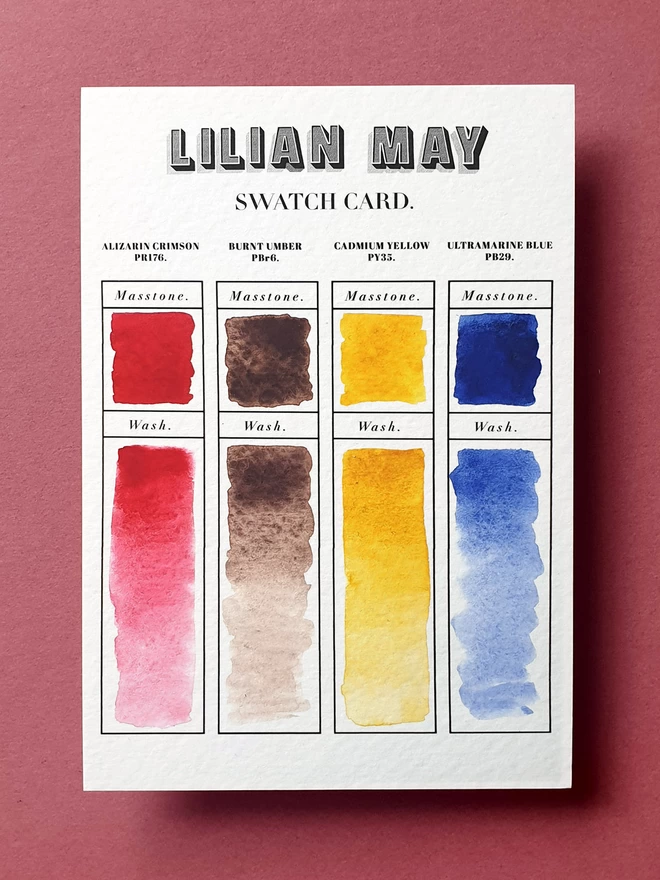 Swatch card of Lilian May handmade watercolour paints.