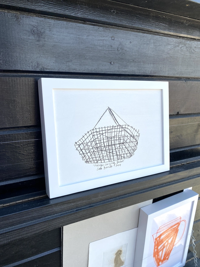 'Vintage Shopping Basket' A4 on Hardboard Framed  by Samantha Barnes