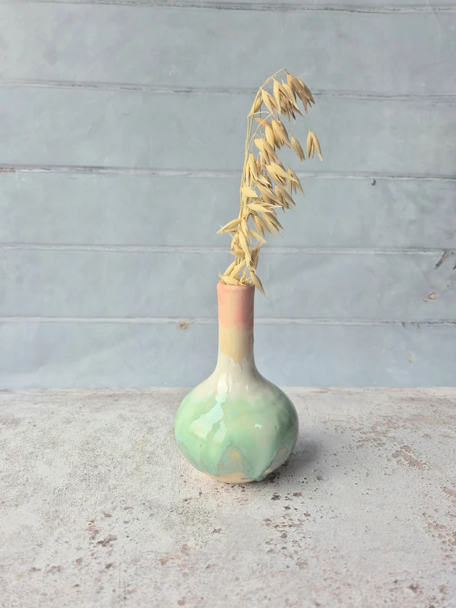 ceramic bud vase, pottery vase, ceramic mini vase, Pink vase, green vase, vase gift, homeware gift, colourful homeware, Jenny Hopps Pottery