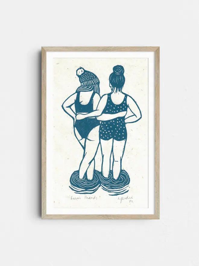 Swim Friends Linocut Print