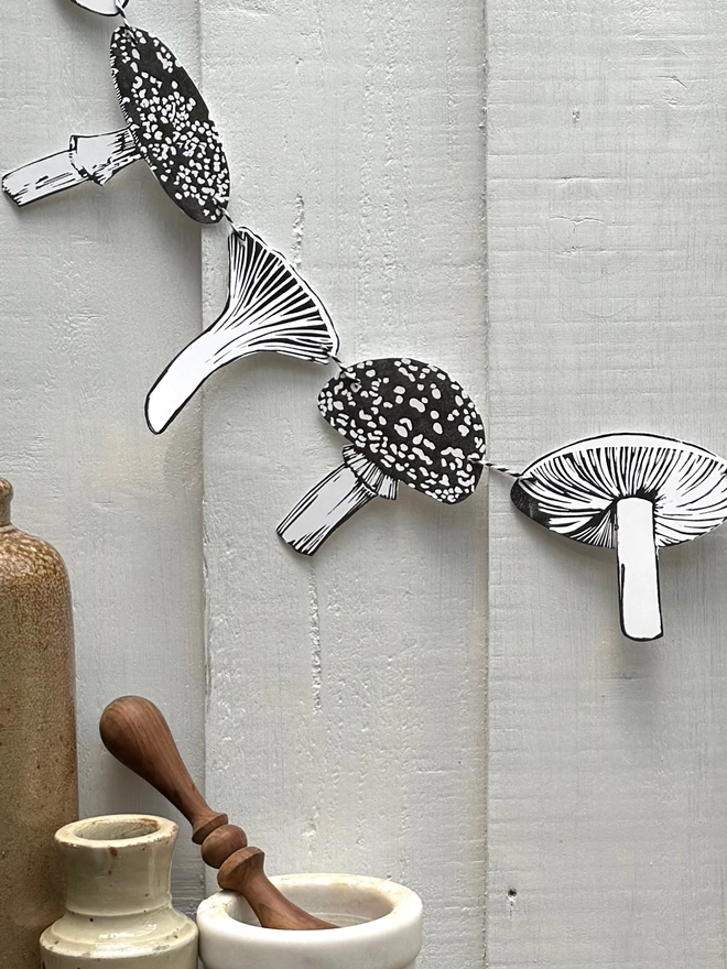 Enchanted Mushroom Garland Hand Printed Monochrome Bunting 