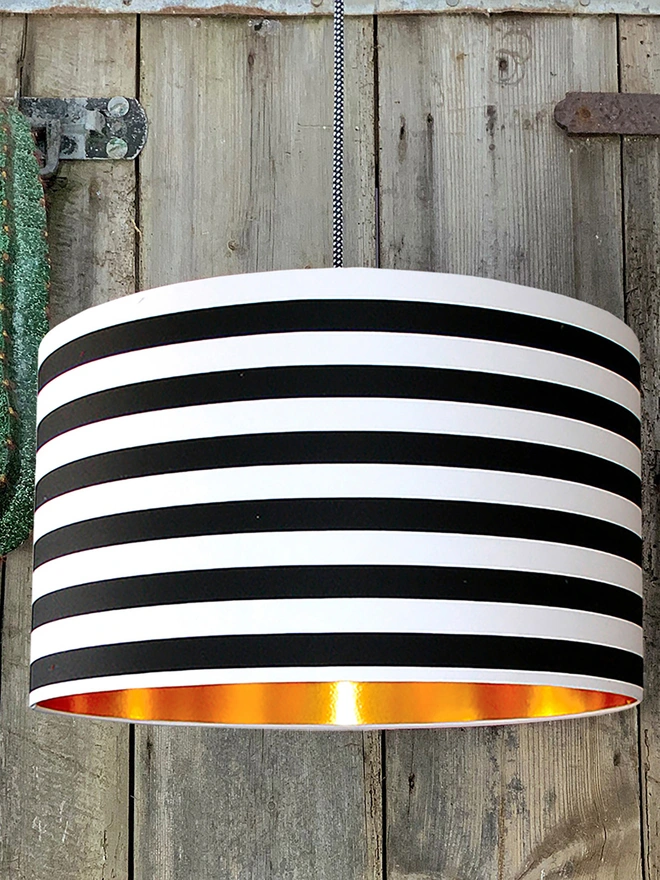 Monochrome Striped Black and White Striped Lampshade with Copper Lining