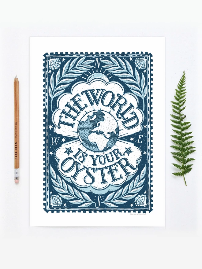 blue and white world is your oyster graduation print with pencil and fern