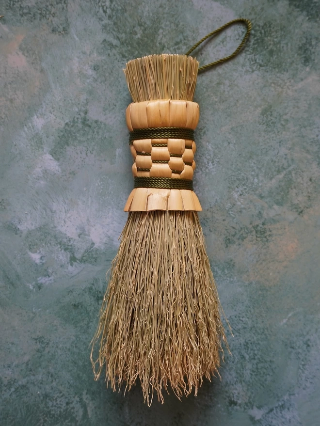 Handmade broomcorn mushroom brush with olive coloured nylon binding