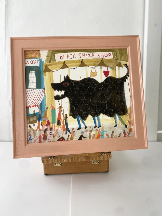 Original oil painting depicting the legendary East Anglian folklore dog, Black Shuck, crafted in a rich folk art style by Suffolk artist Samantha Barnes.