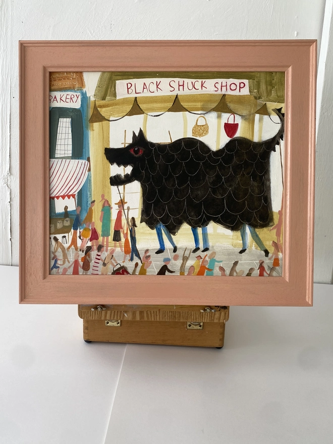 Original oil painting depicting the legendary East Anglian folklore dog, Black Shuck, crafted in a rich folk art style by Suffolk artist Samantha Barnes.
