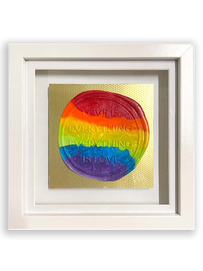 Love is Everything original artwork in rainbow colours on gold