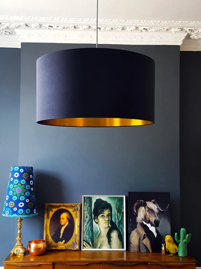 Jet Black Cotton Drum Lampshade with Gold Lining