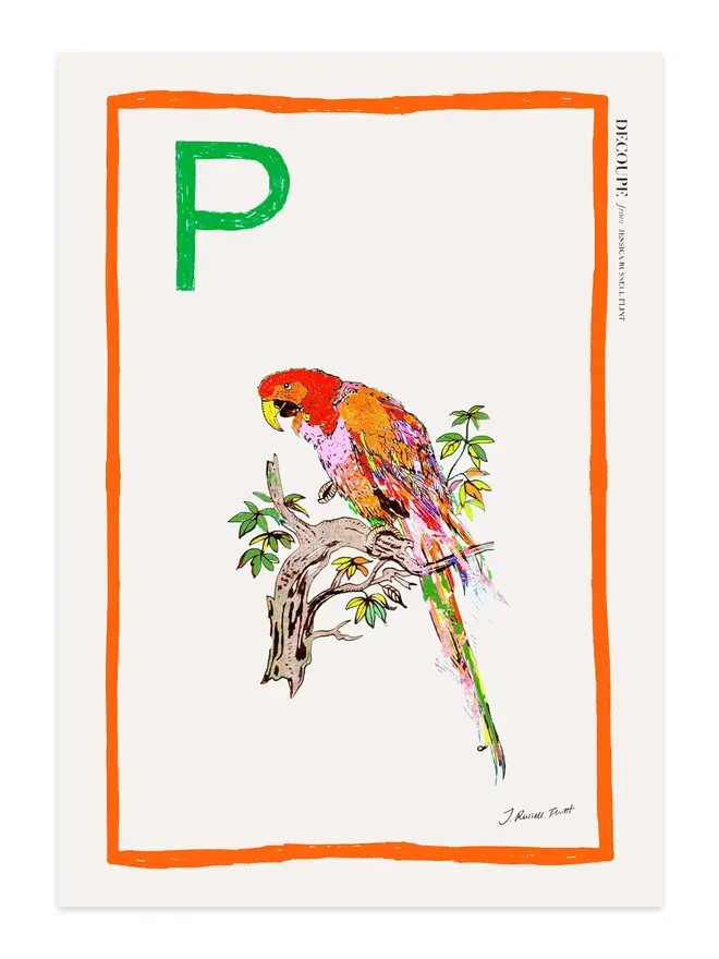 signed a-z alphabet prints. parrot print with the letter 'p' in the corner.