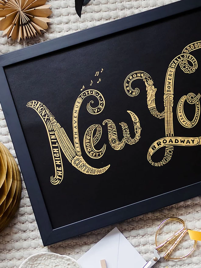 New York iconic typographic black and gold poster