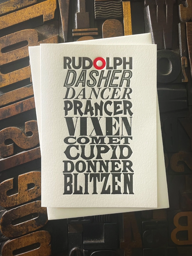 Nine reindeer. Nine typefaces. One magical flight. A typographic tribute to Santa’s reindeer, printed with care in classic letterpress tradition. XMAS For all you typographers out there, A pack of these beautiful typographic letterpress Christmas cards. Printed with rich inks with luxury matching and contrasting envelopes; ideal to send to your designer friends at the festive season. Hand printed on "Mary"; my vintage treadle Arab platen. 
