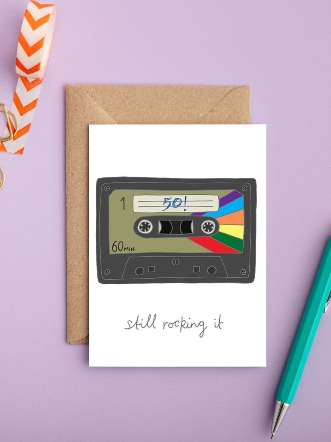Humorous and funny gender neutral retro 50th birthday card featuring a cassette tape