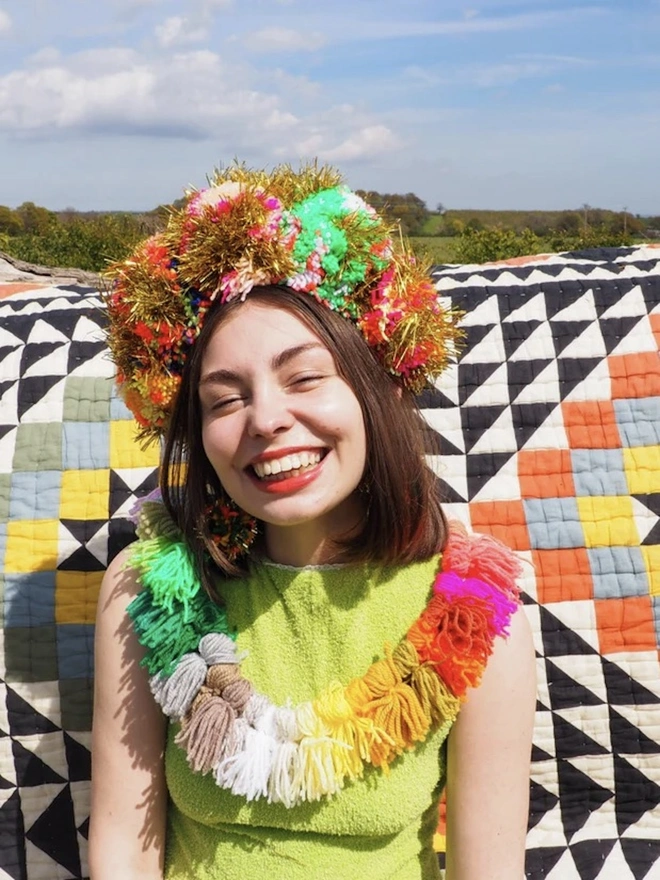 Rainbow Pom Pom Tinsel Headband