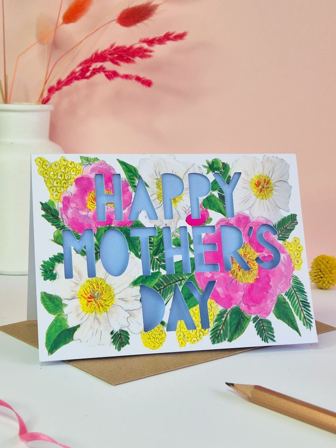 Happy Mothers day peony floral card lavender blue 