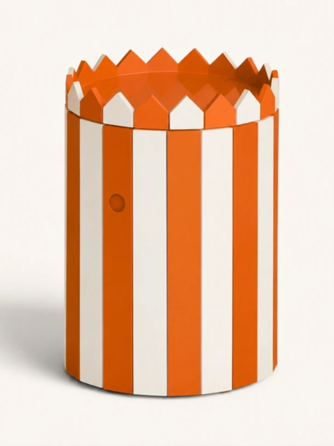 Striped Barrel Table & Large Tray Set. A barrel table and tray set in tangerine