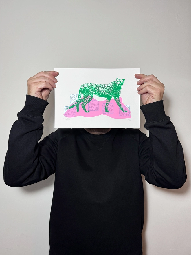 Techno Cheetah – Screen Printed Poster - Small A4 Size - scale shot