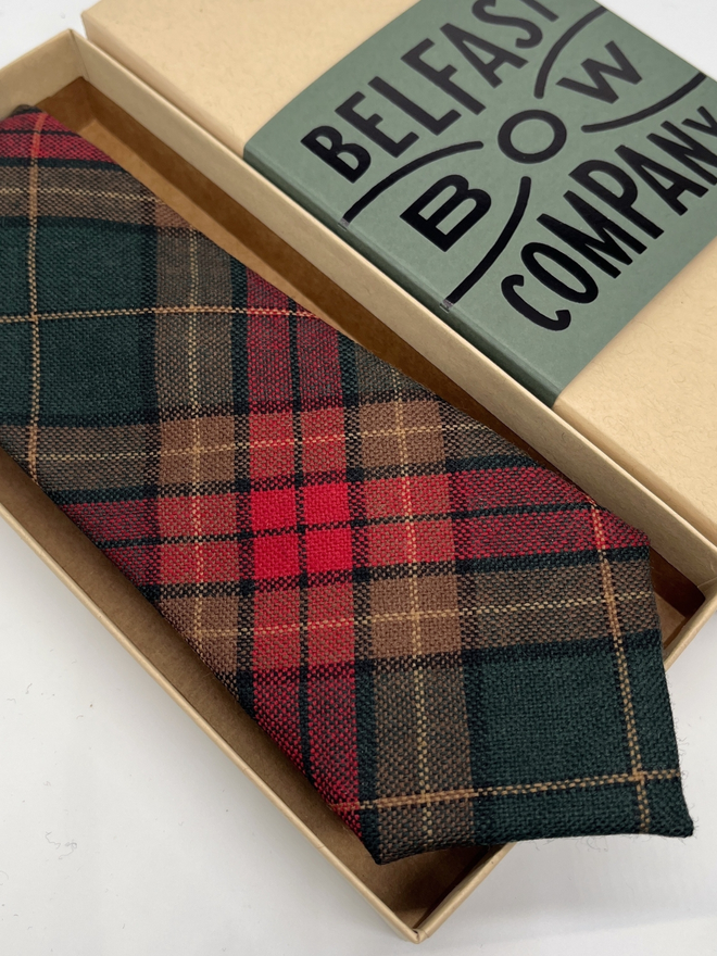 Tartan Tie with Red, Green and Taupe check handmade by the Belfast Bow Company