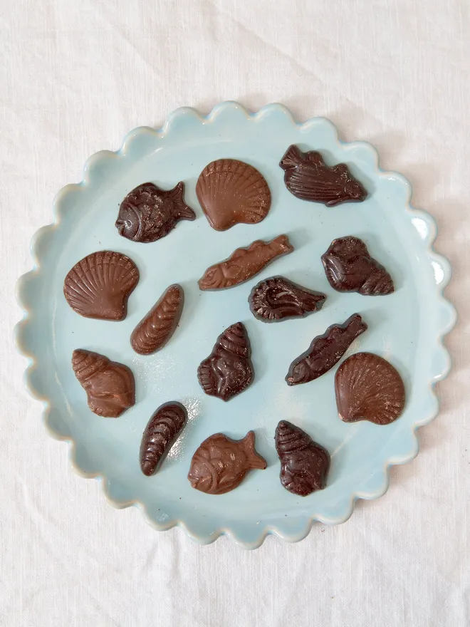 milk and dark chocolate sea creatures on a light blue plate