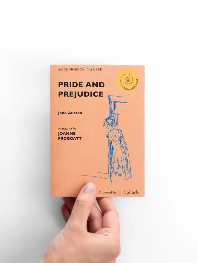 Pride And Prejudice Choose Your Own Audiobook In A Card, against a white background. 