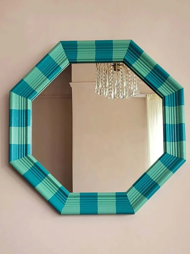 Hexagon shaped mirror with bevelled wooden frame, hand painted in mint and turquoise stripes