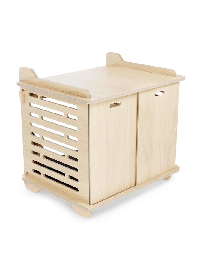 wooden dog crate with doors closed side view