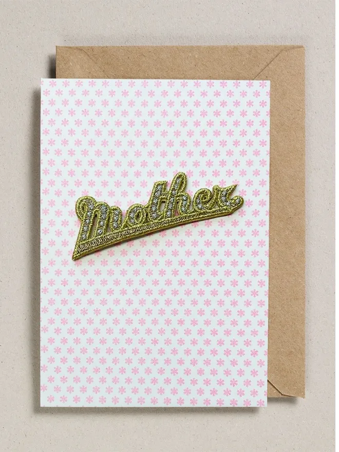 Mothers Day and birthday card with removable iron on mother patch in a vintage cuboard.