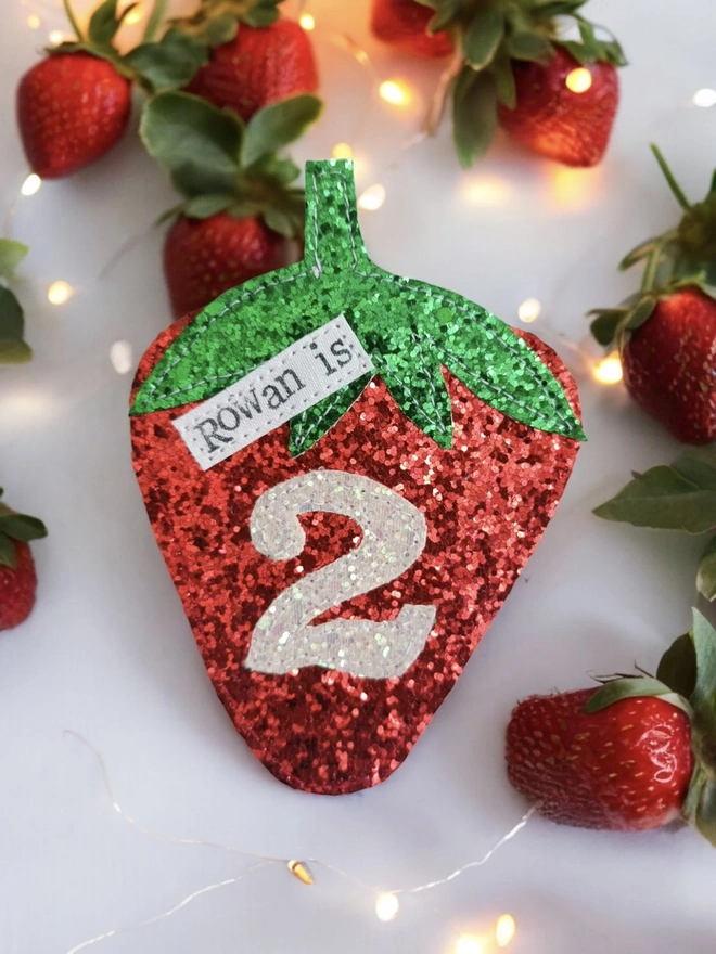 Personalised Glitter Strawberry Birthday Badge