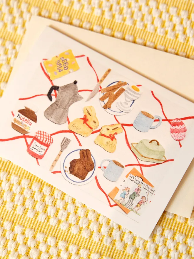 Easter greeting card placed on a yellow tablecloth 