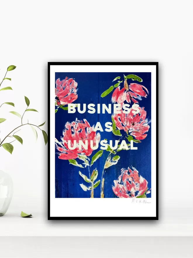 BUSINESS AS UNUSUAL fine art print.  Based on an original monoprint by M.E. Ster-Molnar.  Shown against a white wall.  