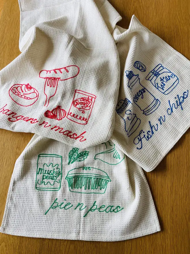 Embroidered Fish n Chips Tea Towel