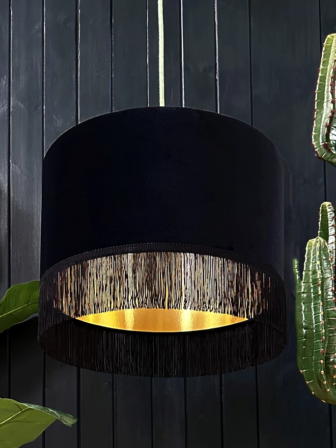Jet Black Velvet Lampshade With Gold Lining & Fringing. 