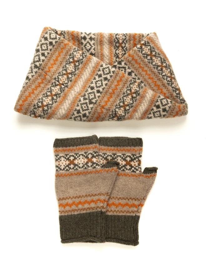 Brown, Green and Orange Mittens and Neck Warmer