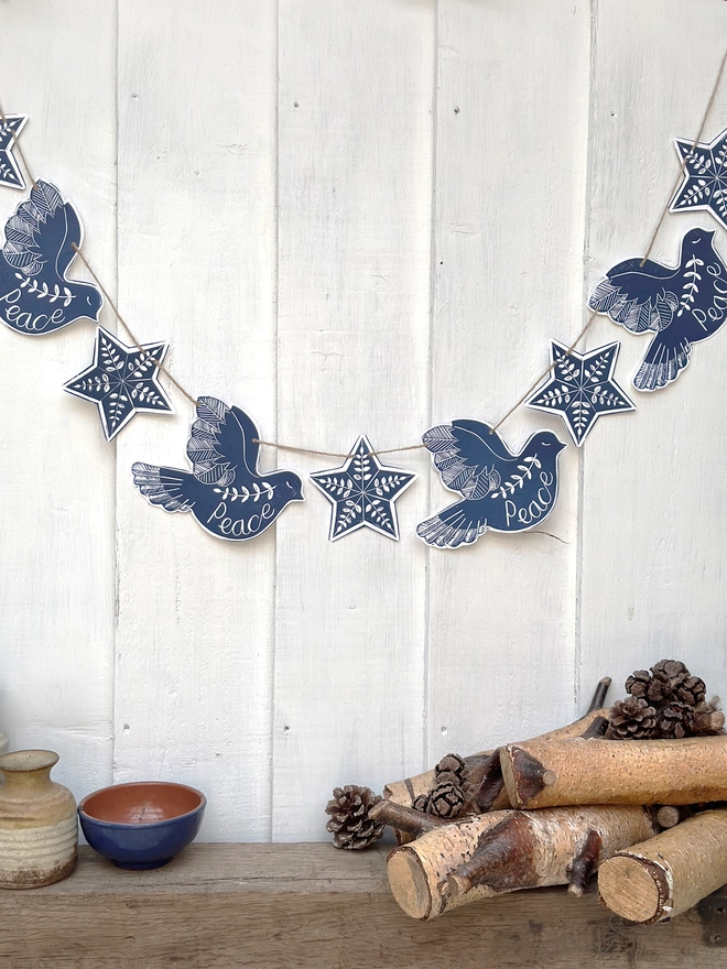 Dove Of Peace Hand Printed Linocut Scandi Style Garland With Folk Art Stars