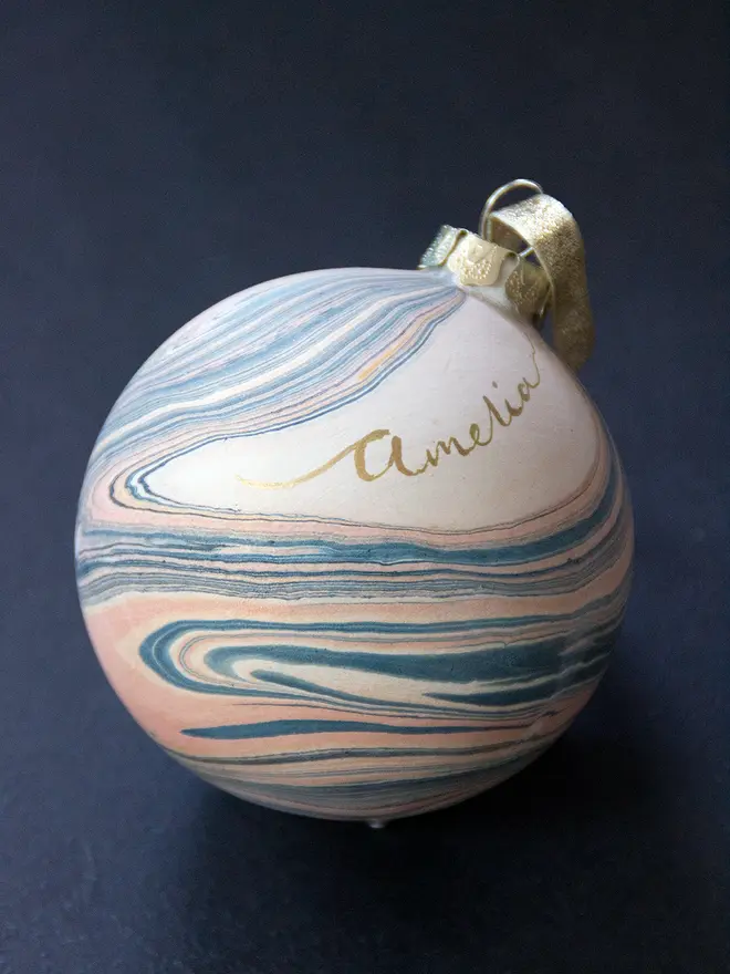 Rose & Navy bauble with hand-written name