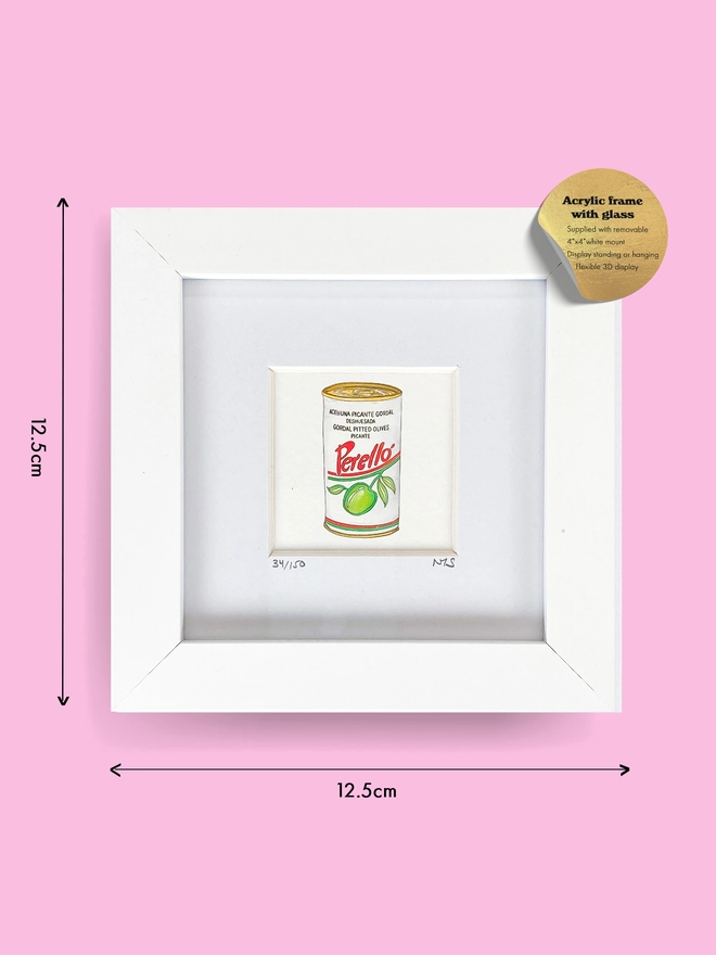 Framed Tiny Print. Food-inspired mini art print in a white paper mount, featuring an illustration of a Perello Olives tin. A stylish design perfect for food lovers and collectors of vintage food packaging art.