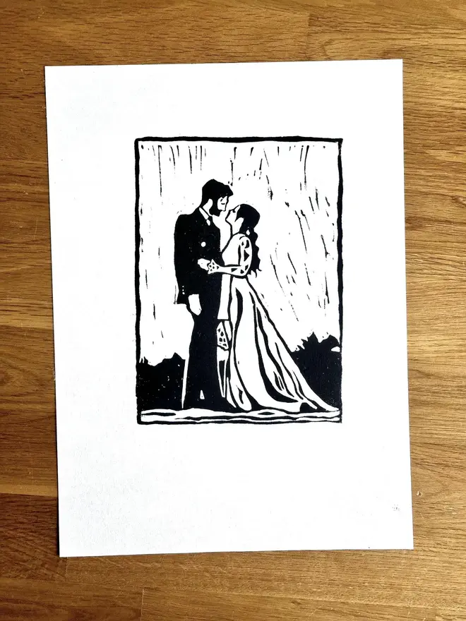 Personalised Handcrafted Linoprints, linoprint of romantic couple. 