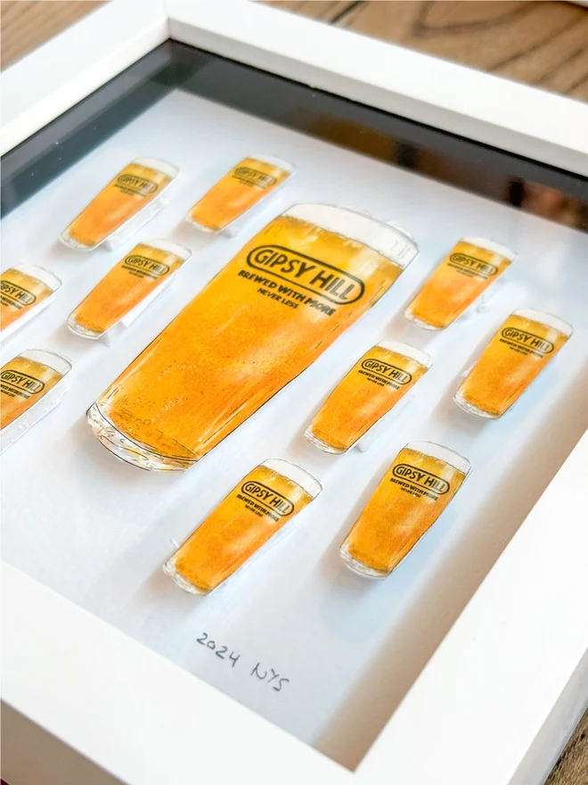 Paper collage featuring a collection of hand-drawn illustrated pint beer glasses, set against a white backdrop. Ideal for beer lovers, breweries, and craft beer enthusiasts, as well as those who appreciate quirky, beer-inspired artwork.