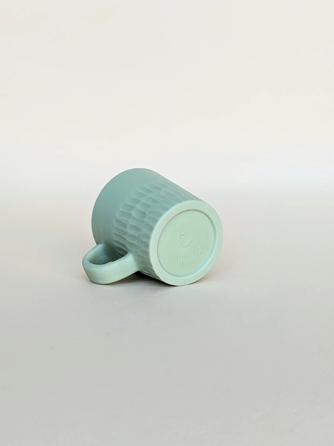 Tiny Porcelain Espresso Cup Pale Rockpool Green Hand Carved Scalloped Texture