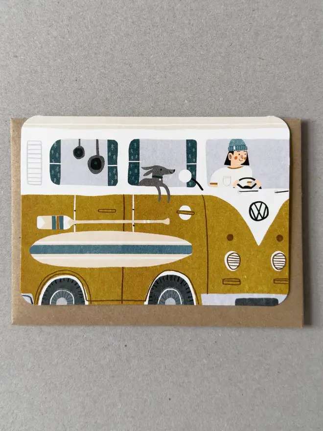 yellow vw campervan greetings card