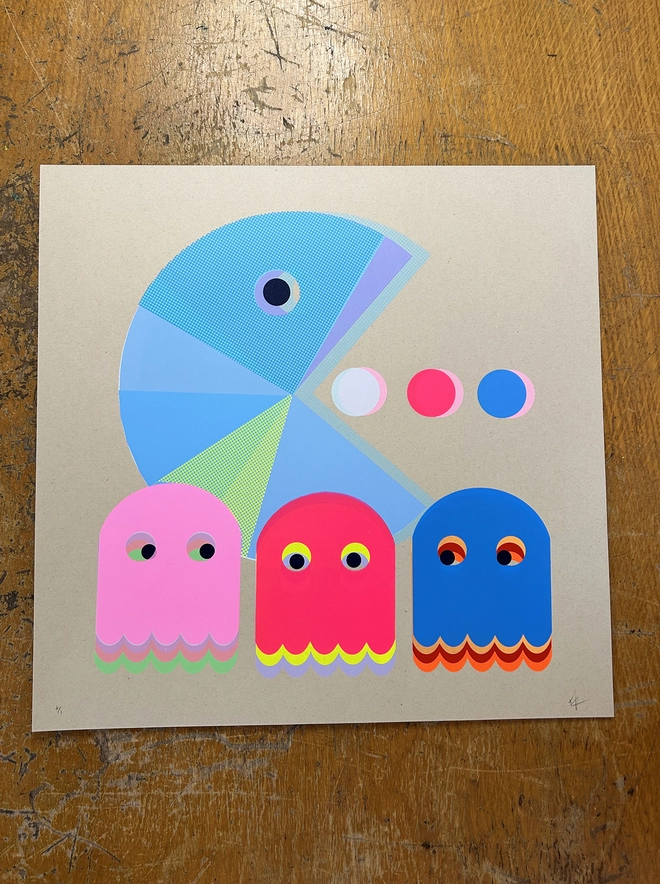 Bright Colourful Screen Print, Retro Arcade Game Ghosts